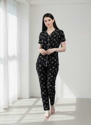 Dollar Missy Women Graphic Print, Solid Black, White Night Suit Set