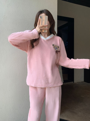 TIARA WORLD Girls Embroidered Pink Night Suit Set