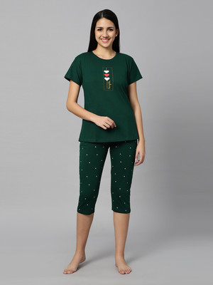 DZZO Women Printed Dark Green Top & Capri Set