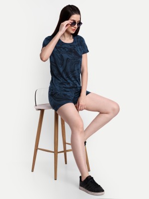 VISO Women Printed Blue Top & Shorts Set