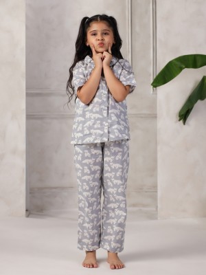 Sanskrutihomes Girls Animal Print Grey Night Suit Set