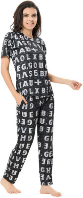 GTplush Women Printed Black Night Suit Set