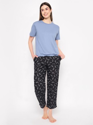 Clovia Women Printed Blue, Black Top & Pyjama Set
