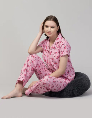 Al-Hudooms Women Floral Print Pink Shirt & Pyjama set