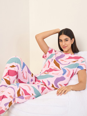 SWEET DREAMS Women Geometric Print Pink Top & Pyjama Set