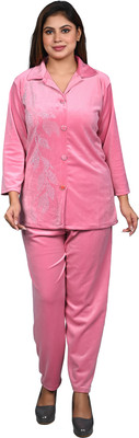 Noni Textile Women Solid Pink Night Suit Set