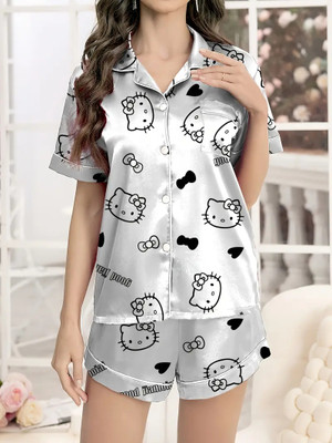 RioDebella Women Animal Print White Night Suit Set