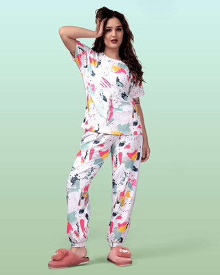 JK Creation Women Printed White Top & Pyjama Set