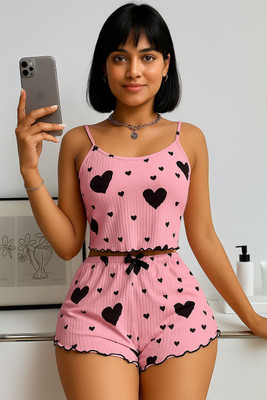 RAMYAPOOJA Women Printed Pink, Black Top & Shorts Set