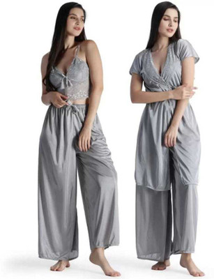 Mixopia Women Solid Grey Top & Pyjama Set
