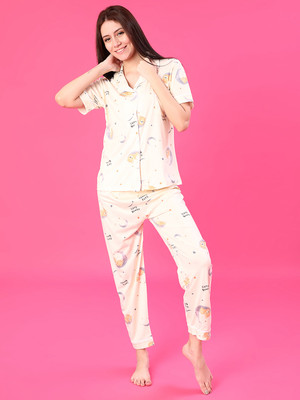 V-MART Women Printed White Night Suit Set