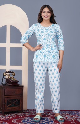 VNSAGAR Women Printed Blue Night Suit Set