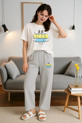 Elvia Women Printed Grey Top & Pyjama Set