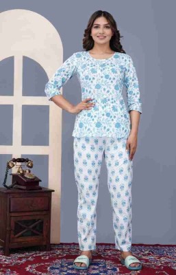 Jawriya Women Printed Blue, White Night Suit Set