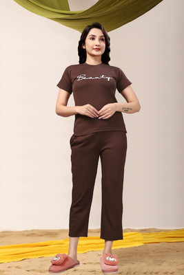 PTELRA Women Self Design, Printed Brown Night Suit Set
