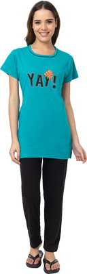 US Reload Women Printed Green, Black Night Suit Set