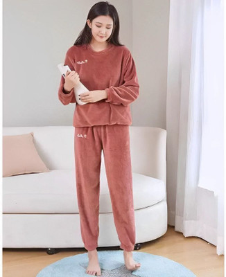Lugo Women Solid Red Night Suit Set