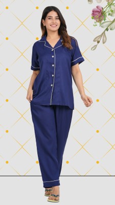 AANIA Women Solid Blue Shirt & Pyjama set