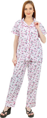 Taausha Women Printed White, Pink Night Suit Set