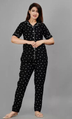 Valvet Women Solid Black Top & Pyjama Set