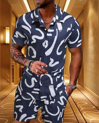 DHAMELIYA ENTERPRISE Men Printed Dark Blue Night Suit Set