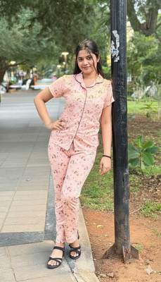 Aeronyx Women Graphic Print Beige Night Suit Set