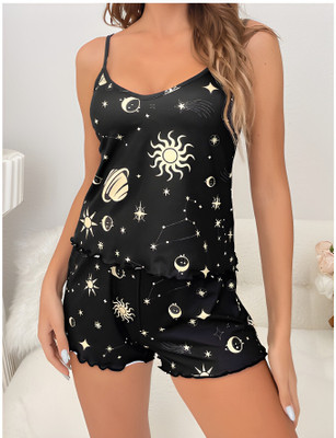HouseOfCommon Women Printed Black Top & Shorts Set