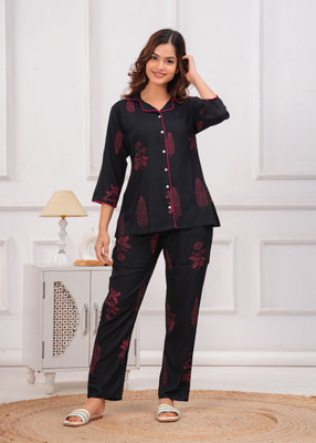CLOTHING CULTURE Women Printed Pink, Black Shirt & Pyjama set