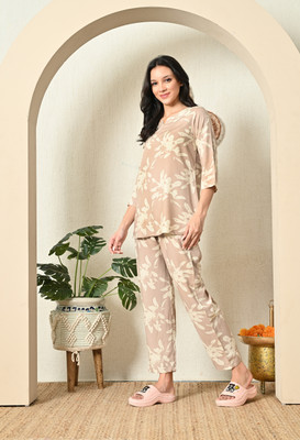 DreamBe Women Printed Beige Night Suit Set