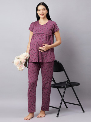DZZO Women Printed Purple Top & Pyjama Set