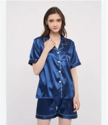 Vd hub Women Solid Dark Blue Night Suit Set