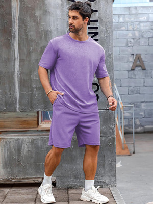 Vogaan Men Solid Purple Top & Shorts Set