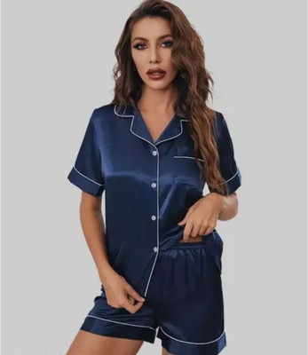 Vd hub Women Solid Dark Blue Night Suit Set