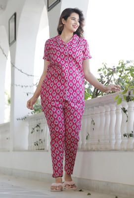 METRONAUT Women Printed Pink Night Suit Set