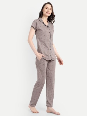 MushyMod Women Geometric Print Beige Shirt & Pyjama set