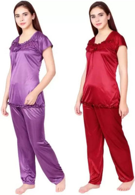 Mixopia Women Solid Maroon Top & Pyjama Set