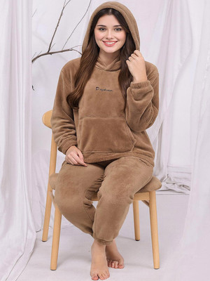 FitIn OutFit Women Solid Brown Night Suit Set