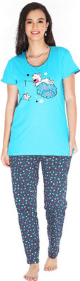 Digsel Cottons Women Printed Blue Top & Shorts Set