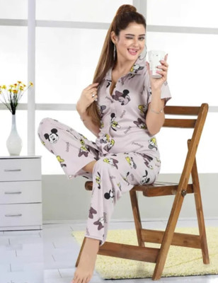 Qunity Women Printed Grey Night Suit Set