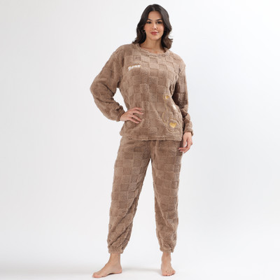 PQN PARTY QUEEN Women Self Design Brown Night Suit Set