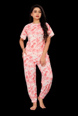 Om Creation Women Printed White, Pink Night Suit Set