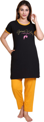 E-MAX Women Printed, Solid Multicolor Top & Pyjama Set