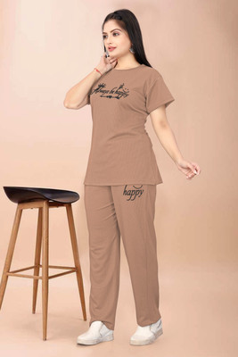 SAI FAB Women Printed, Self Design Brown Night Suit Set