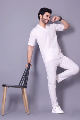 GC FAB Men Solid White Top & Pyjama Set