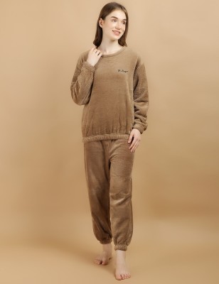 Lugo Women Solid Brown Night Suit Set