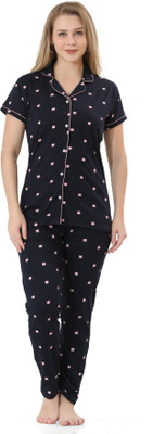 Blackballe Women Printed Dark Blue Shirt & Pyjama set