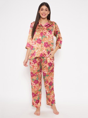 Clovia Women Floral Print Brown Shirt & Pyjama set