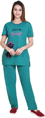 Us Fashion Women Printed Green Night Suit Set