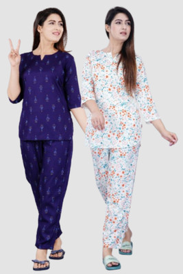 Abbas Fashion Women Printed Green Night Suit Set