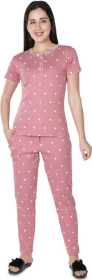 LABEL MY Women Polka Print Pink Night Suit Set